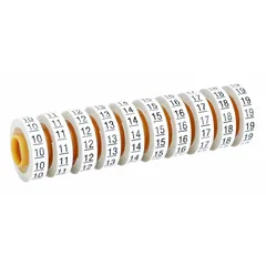 Replacement roll for wire marker dispensers. Provides 5,760 black-on-white polyester film labels per 10-pack, with legend 10 to 19. Used for identifying wires, cables, and terminals in electrical panels and industrial installations.