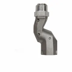 This non-reconnectable swivel connector features a 1-inch FNPT female inlet and a 1-inch NPT discharge with both male and female ends. The aluminum body and wetted materials of aluminum and fluorocarbon provide compatibility with gasoline. It is used in fuel-handling systems to connect hoses or pipes, allowing flexible movement during fuel transfer.