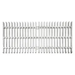 Rectangular slotted trench drain grate rated for Class D extra heavy-duty loads. Galvanized finish with gray color. Overall dimensions: 23-3/4 in length, 11-1/8 in width, 1-1/4 in height. Suitable for high-traffic areas such as loading docks, parking garages, and warehouse floors.