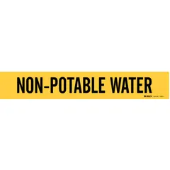 Yellow adhesive pipe marker with black legend reading 'Non-Potable Water' for identifying non-potable water lines. Fits pipe outer diameters from 2-1/2 to 7-7/8 inches. No arrows included. Suitable for use in industrial and commercial piping systems.
