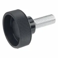 Black plastic knurled hand knob with a steel M6 threaded stud, 25 mm thread length. The knurled surface provides a secure grip for manual adjustment and fastening without tools. Commonly used on machinery guards, panel doors, and fixture clamps for tool-free tightening