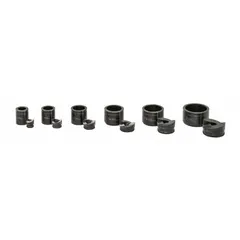 This set includes six round punches and six dies for creating clean holes in mild steel sheet metal up to 10 gauge. Suitable for use with manual or hydraulic knockout drivers in electrical panel and enclosure fabrication.