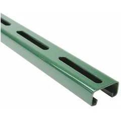 This slotted strut channel is fabricated from 14 ga painted steel with a green finish. It features long slotted holes measuring 13/32 in by 3 in, spaced 4 in center to center. Used for structural support and mounting of piping, conduit, cable trays, and mechanical equipment, the long slots allow adjustment and alignment during installation.