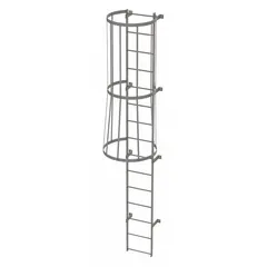 Steel fixed ladder with integrated safety cage, 18 in overall width, 15 rungs, assembled as a single section. Provides secure vertical access for permanent installations in industrial settings such as factories, warehouses, and utility facilities.