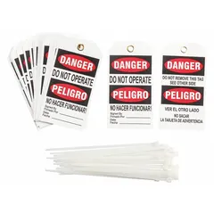 This polyester danger tag features bilingual text reading 'Danger, Danger Do Not Operate' and includes a write-on surface for adding specific information. It is used in industrial lockout/tagout procedures to warn personnel not to operate equipment during maintenance or repair.