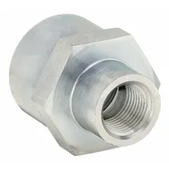 Steel straight coupling for hydraulic threaded extreme-pressure pipe systems. Connects or extends piping in high-pressure fluid circuits. Rated for 6000 psi maximum operating pressure. Pipe size 3/8 in x 1/8 in.
