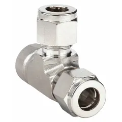 This stainless steel double-ferrule compression tee fitting connects a 3/8 in OD tube line to a 1/4 in pipe branch and another 3/8 in OD tube line. It is compatible with Parker A-LOK fittings and is used in instrumentation, hydraulic, and pneumatic systems for leak-tight connections.