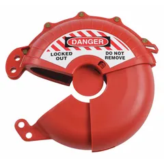 This collapsible gate valve lockout from BRADY is designed for hand wheels up to 7 inches in diameter. It is used to secure gate valves during lockout/tagout procedures, preventing accidental operation in industrial maintenance and process control applications. The device is red for high visibility.