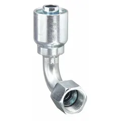Steel 90° elbow crimp hydraulic hose fitting with ORS (O-Ring Seal) connection. Female x genderless configuration, 1"-14 thread size, for -10 hose dash size. Used in hydraulic systems to connect hoses to ORS ports, providing a leak-resistant joint in fluid power circuits.