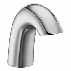 This single-post sensor faucet from the Serio Series features a polished chrome finish and is constructed from brass and plastic. It includes a hydrogenerator for self-powered operation and has a spray outlet with a UNEF connection. Suitable for commercial restroom applications requiring touch-free operation.