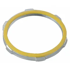 Steel, zinc-plated sealing locknut for 4-inch trade size threaded rigid metal conduit (RMC) and intermediate metal conduit (IMC). Provides a sealed connection at conduit entry points in electrical installations, helping prevent moisture and debris ingress.