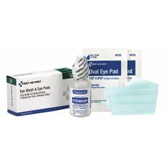 This 5-component partial first aid kit refill is designed for emergency eye care in industrial environments. It provides eyewash and flushing capabilities to help remove contaminants from eyes, complying with ANSI Z358.1-2009 standards for workplace safety.