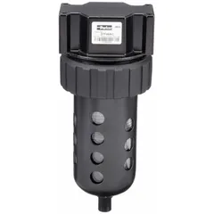 Particulate filter for compressed air systems. Removes solid contaminants down to 40 micron. 3/4 in NPT connection, 145 cfm flow capacity, 150 psi maximum operating pressure. Used in pneumatic circuits and process air preparation to protect downstream equipment.