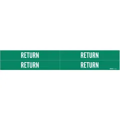 Green pipe marker with white 'Return' legend for identifying return piping in industrial systems. Fits pipe outer diameters from 3/4 to 2-3/8 inches. Pack includes 4 markers without directional arrows. Suitable for use in HVAC, process, and other piping systems where clear labeling of return lines is required.