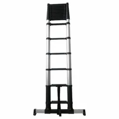 This telescoping extension ladder extends to 17 ft for accessing elevated areas. Constructed from lightweight aluminum with a black finish, it supports up to 250 lb. Suitable for maintenance, construction, and facility tasks requiring a portable ladder.