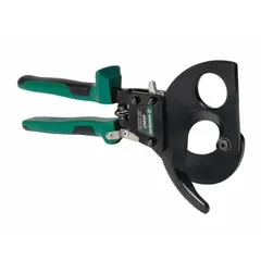 This ratcheting cable cutter features a steel handle and center cut design for cutting aluminum electric cable up to 1000 kcmil maximum diameter. The ratcheting mechanism enables clean cuts with reduced effort. Suitable for electrical cable cutting tasks in power distribution and wiring applications.