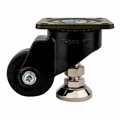This general purpose leveling plate caster features a black frame and a nylon tread. With a 63 mm wheel diameter, 98 mm mounting height, and 1,102 lb load capacity, it is suited for industrial equipment, material handling carts, and workstations.