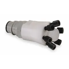 This HPLC manifold is constructed from polypropylene and stainless steel for chemical resistance. It is designed for use with HPLC waste collection vessels to organize multiple inlet lines into a single container. Compatible with JUSTRITE part number 28177.
