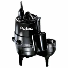 This FLOTEC sewage ejector pump is designed for general purpose wastewater removal in residential and light commercial applications. It features a 1/2 hp single-phase motor, 115V AC rated voltage, and delivers 90 gpm flow rate at 10' of head. The pump includes a piggyback tether float switch, thermoplastic impeller, and vertical discharge orientation. Not rated for hazardous locations.