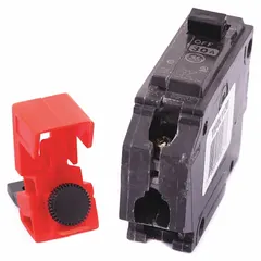Clamp-on lockout designed to secure circuit breakers in the off position during maintenance or lockout/tagout procedures. Rated for 120/277V AC voltage. Supplied in a 6-pack for multi-point isolation. Does not include a cable tie slot.
