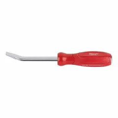 This screwdriver-handle pry bar has an overall length of 8 inches, a bar width of 1/4 inch, and an end width of 7/16 inch. It features a corrosion-resistant finish and is classified as Type N No T No with 0 nail slots. Suitable for prying, scraping, and light demolition tasks such as pulling nails, opening crates, and removing trim.