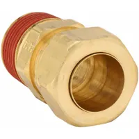 Compression x MNPT adapter for connecting 5/8 in OD tubing to 3/4 in male NPT threads. Made of brass with self-aligning design for secure sealing in fluid systems