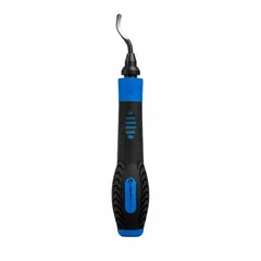 Rotating deburring tool for removing burrs from inside and outside of microducts. Features a high-speed steel blade and a brass body with a one-click blade replacement mechanism. Handle length is 4 13/16 inches. Used in fiber optic and telecommunications installations to prepare duct ends for cable insertion.