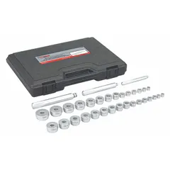 This 33-piece bushing driver set is constructed of steel and covers a capacity range of 10 mm to 42 mm. The set measures 15 inches in length, 3 inches in height, and 12 inches in width. It is used for installing and removing bushings in automotive and industrial equipment, such as suspension, steering, and drivetrain repairs.