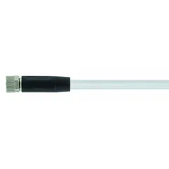 Single-ended cordset with a gray PVC jacket for flexing applications. Features an M8 female straight connector on one end and bare wire on the other. 4 pins, 24 AWG wire size, 10 m cable length. Rated IP65 for dust and water ingress protection. Suitable for connecting sensors or actuators in industrial automation and material handling equipment.