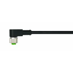 Single-ended cordset with a black PVC jacket for flexing applications. Features an M12 female right-angle connector on one end and bare wire on the other. Rated IP65 for protection against dust and water jets. Suitable for connecting sensors or actuators in industrial environments where space is limited.