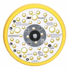 This 3M backing pad features a hook-and-loop surface for secure sanding disc attachment. With a 5-inch diameter and 11/16-inch thickness, it has a multi-hole design for vacuum dust extraction. The 5/16"-24 threaded shank connects to compatible sanders. Suitable for surface finishing and material removal in industrial applications.