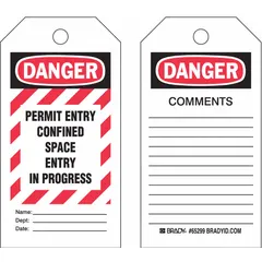 Black cable-tie tags with write-on surface for recording entrant name, department, and date. English text. Supplied in a 25-pack. Used to identify permit-required confined space entry status during maintenance or inspection in tanks, vessels, and pits.