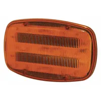 Amber LED concealed warning light for vehicle mounting. Features a magnetic mount for temporary placement on metal surfaces and blunt cut wires for electrical connection. Includes a gasket. Overall width 6 5/16 in, height 3 7/8 in. Suitable for use on emergency or utility vehicles requiring a low-profile warning light