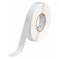 White gloss polyester precut label roll, 1 13/64 in x 3/8 in, compatible with i5100 printer series. Used for industrial identification, cable marking, and asset labeling.