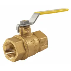 This JOMAR VALVE T-100NE is a 2-inch brass ball valve with a straight body and FNPT x FNPT connections. It features a full port ball port for minimal pressure drop and a locking lever handle for secure manual operation. Suitable for use in commercial and light industrial piping systems for water, oil, and gas applications.