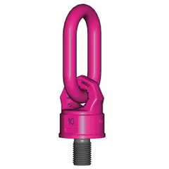 This rotate-under-load hoist ring is designed for lifting operations where the load must pivot and swivel to reduce stress on the attachment point. Constructed of steel with a pink powder-coated bail and an M64-1.5 thread, it has a maximum load capacity of 35,270 lb. Typical applications include heavy machinery assembly, automotive manufacturing, and steel fabrication.