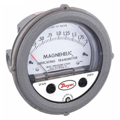 Dwyer Indicating Differential Transmitter: Dial, 0 in wc to 0.5 in wc, Screw Terminals - Differential Pressure Transmitters with Dial Display