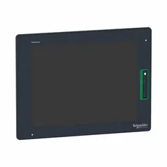 This 12.1-inch TFT color LCD touch panel from the Harmony GTU series features resistive touch technology and operates on 24V DC. It is used as a human-machine interface for monitoring and controlling automated processes in industrial environments.