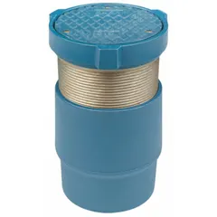This floor cleanout provides access for clearing blockages in drain lines. Constructed with a cast iron body and nickel bronze top assembly, it is suitable for use in industrial plumbing systems. The unit has an overall diameter of 5 1/8 in and overall height of 5 3/4 in, with an unfinished blue finish.