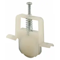 This roller assembly is a screen door hardware component used to guide and support sliding screen doors. It has an overall height and length of 6 13/32 inches, a white color, and an unfinished finish. Suitable for residential and light commercial sliding screen door applications