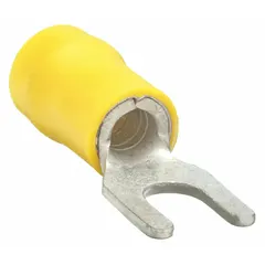 These insulated fork terminals feature a yellow vinyl insulation grip and a standard fork design. They accept 12 AWG to 10 AWG wire and have a 1/4 in stud size. The insulation grip barrel style provides secure wire retention. Typical applications include creating removable connections in control panels and power distribution systems.