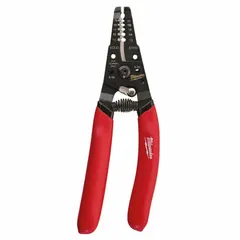 This multifunction wire stripper features a steel rounded edge blade for stripping 18 AWG to 10 AWG stranded wire and an integrated screw shear for cutting #8 bolts. With an overall length of 7 1/8 in, it is suited for electrical wiring tasks such as panel building and motor control wiring.