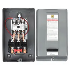 Enclosed non-reversing magnetic motor starter with thermal overloads for starting and protecting single-speed AC motors. Rated 40 A, 3 poles, 208-240V AC coil. Requires 3 thermal units (not included). Suitable for industrial applications such as HVAC, pumps, and conveyors.