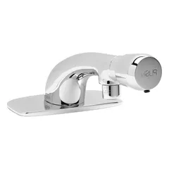 Single-post push-button metering faucet with low arc design. Constructed of brass with chrome finish. Includes 4" cover plate. Flow rate 0.5 gpm. Suitable for commercial restroom applications requiring hands-free spray operation and water conservation.