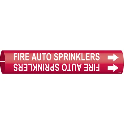 BRADY Pipe Marker: Fire Auto Sprinklers, Red, White, Fits 1 1/2 to 2 3/8 in Pipe O.D. - Fire Auto Sprinklers Snap-On Pipe Markers
