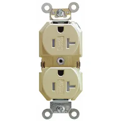 Duplex general-purpose receptacle rated 125V AC, 20A with 5-20R configuration. Ivory finish. 2-pole/3-wire grounding design for flush mounting in standard wall boxes. Suitable for supplying power to equipment and appliances in commercial and industrial environments.
