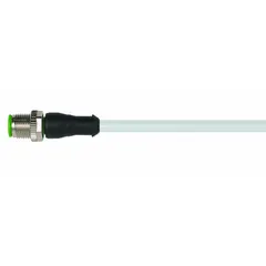 Single-ended cordset with a 4-pin M12 male straight connector on one end and bare wire on the other. Features a gray PUR jacket, 22 AWG wire, 1 m cable length, and IP67 rating. Rated for 4 A maximum current. Suitable for connecting sensors, actuators, and automation equipment in industrial environments requiring resistance to oils and abrasion.
