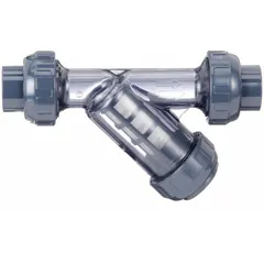 PVC Y strainer with 1-1/2 in socket and threaded connections. Features a PVC screen with 0.0331 in mesh openings and an EPDM seal. Overall height is 5-7/8 in. Used to filter debris from liquid pipelines in water treatment, chemical processing, and irrigation systems.