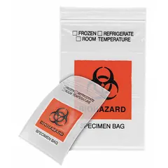 Clear LDPE dual pouch specimen bag with zipper closure and Biohazard legend. 2.99 mil thickness, 10 in overall height. Pack of 1,000. Used for safe containment and transport of biohazard specimens in laboratory settings.
