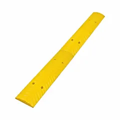Yellow rubber rumble strip measuring 3 5/16 ft long, 4 in wide, and 1/2 in high. Includes eight 3 in spikes for installation on asphalt surfaces. Installation hardware is included. Used for traffic calming, alerting drivers, and marking lanes in parking lots, warehouses, and road zones.